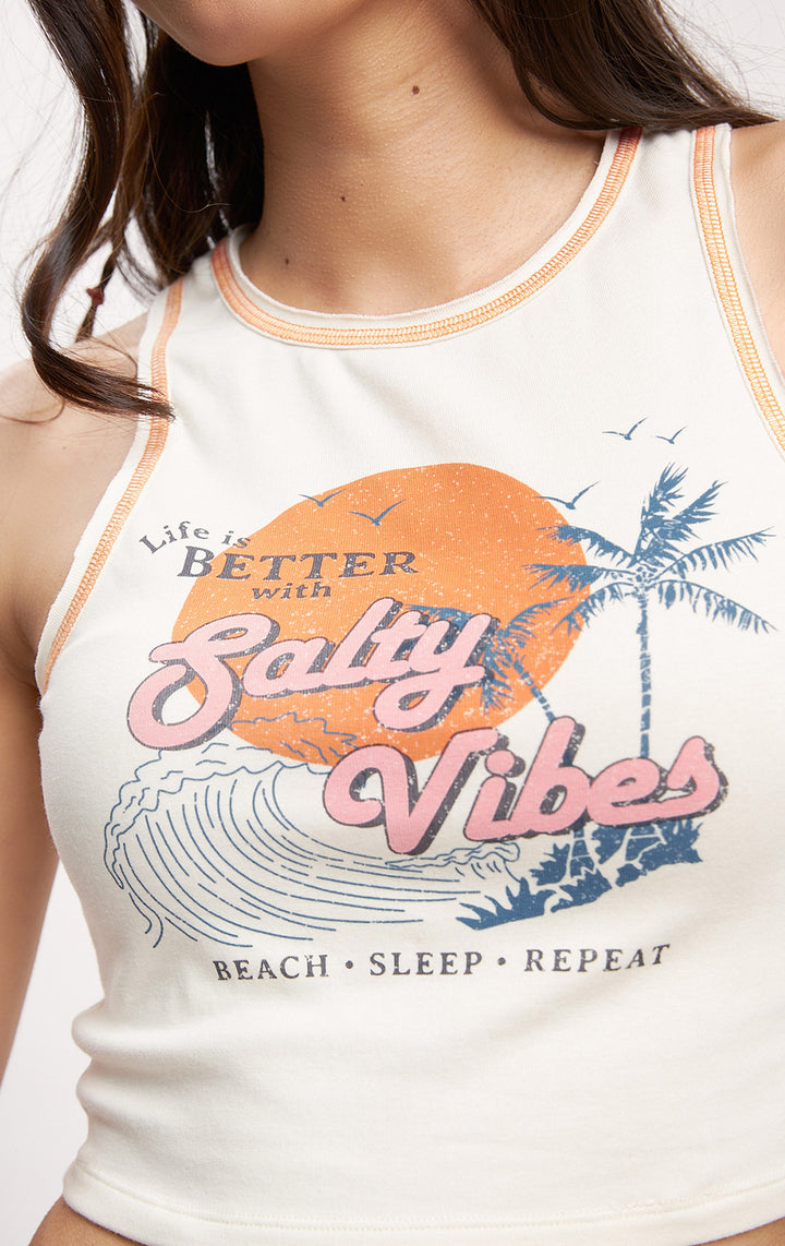 White Salty Vibes Graphic Tank Top with Contrast Stitch for Teen Girls - Jersey, Sleeveless, Round Neckline