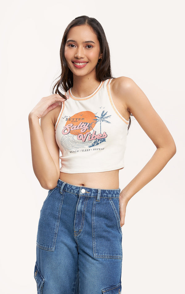 White Salty Vibes Graphic Tank Top with Contrast Stitch for Teen Girls - Jersey, Sleeveless, Round Neckline