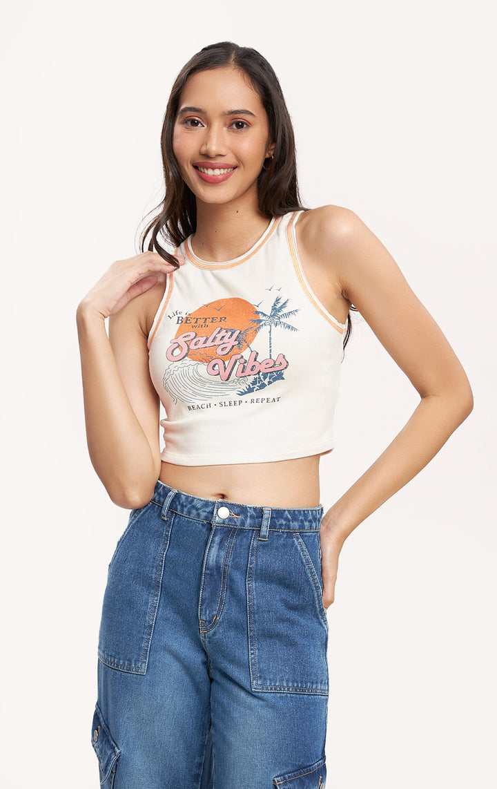 White Salty Vibes Graphic Tank Top with Contrast Stitch for Teen Girls - Jersey, Sleeveless, Round Neckline