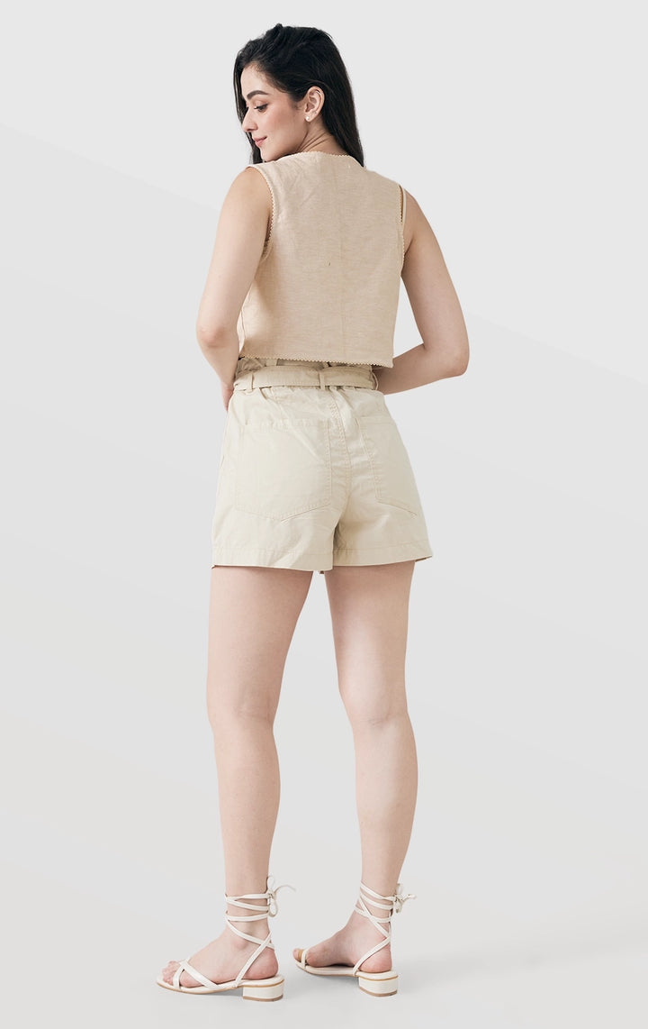 Full back view of Cropped Linen-Like Tie Front Vest with Cross-Stitch Details and Lace, featuring embroidered accents and clean finish from Just G Philippines.