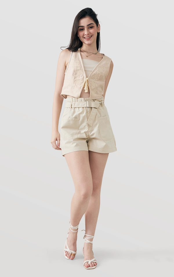 Full front view of Cropped Linen-Like Tie Front Vest with Cross-Stitch Details and Lace, showing V-neckline and tie detail from Just G Philippines.