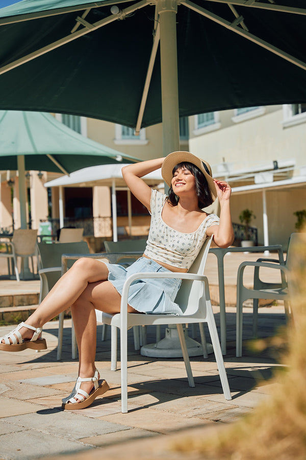 FLORAL POINTELLE TOP WITH SHIRRING
