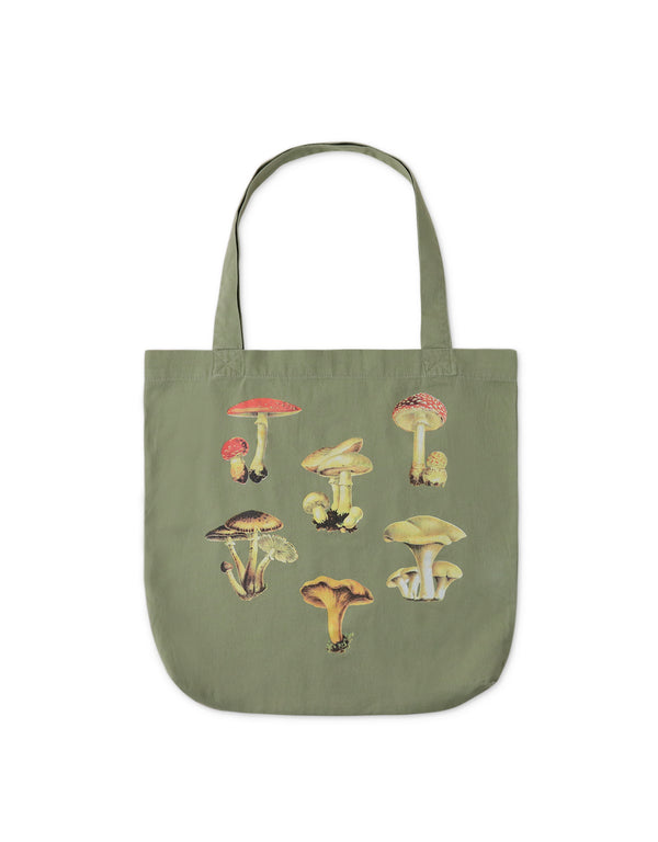 Green Twill Tote Bag with Mushroom Design