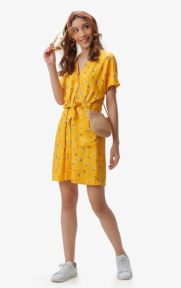 YELLOW FLORAL BELTED DRESS - Just G | Number 1 women's and teen fashion brand. Shop online at justg.com.ph | Cash on delivery ( COD ) and Prepaid transaction available.