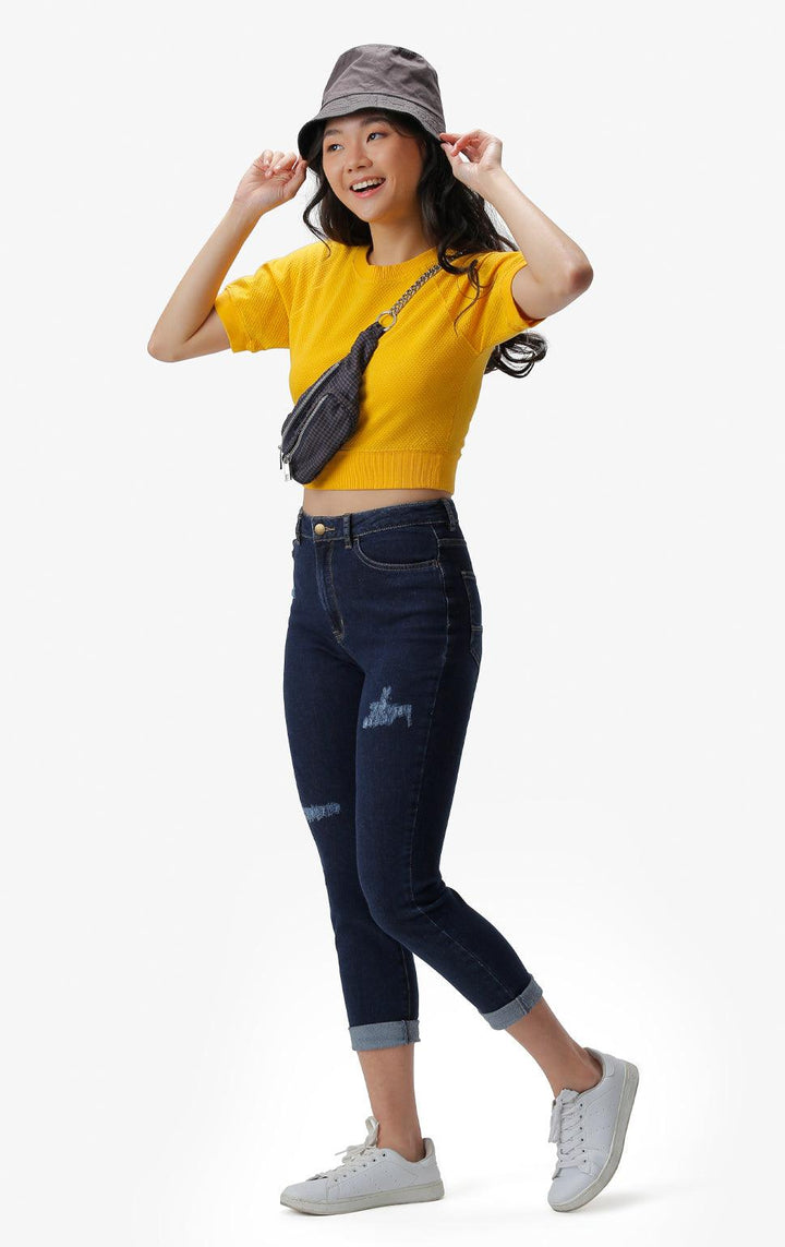 DARK BLUE HIGH WAIST SLIM JEANS - Just G | Number 1 women's and teen fashion brand. Shop online at justg.com.ph | Cash on delivery ( COD ) and Prepaid transaction available.