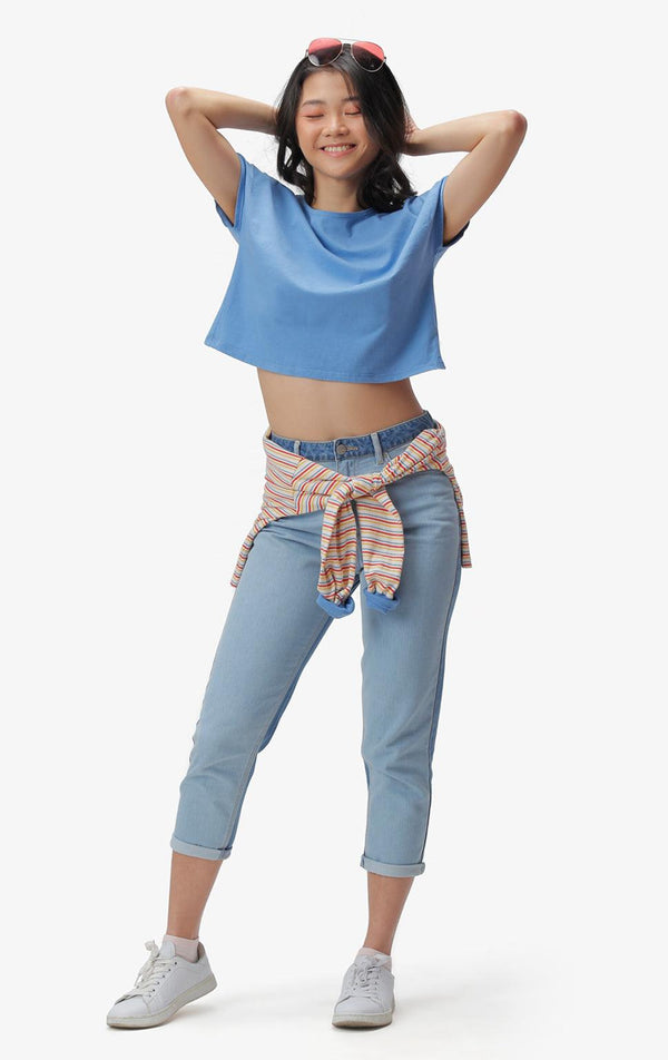 BLUE TWIST-BACK CROPPED SHIRT - Just G | Number 1 women's and teen fashion brand. Shop online at justg.com.ph | Cash on delivery ( COD ) and Prepaid transaction available.