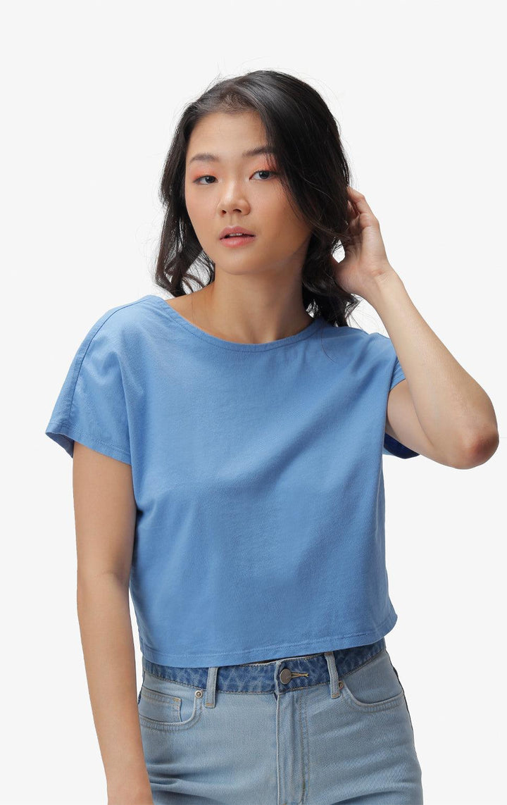 BLUE TWIST-BACK CROPPED SHIRT - Just G | Number 1 women's and teen fashion brand. Shop online at justg.com.ph | Cash on delivery ( COD ) and Prepaid transaction available.