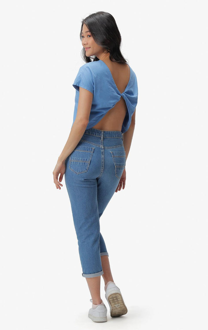 BLUE TWIST-BACK CROPPED SHIRT - Just G | Number 1 women's and teen fashion brand. Shop online at justg.com.ph | Cash on delivery ( COD ) and Prepaid transaction available.