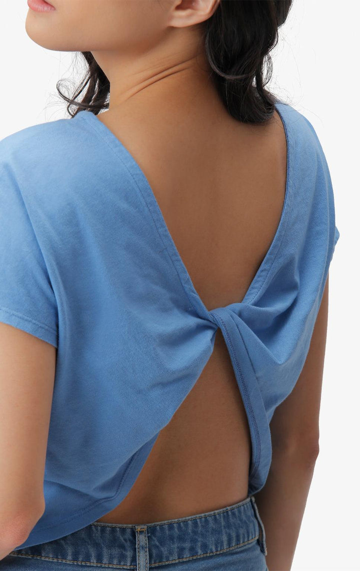 BLUE TWIST-BACK CROPPED SHIRT - Just G | Number 1 women's and teen fashion brand. Shop online at justg.com.ph | Cash on delivery ( COD ) and Prepaid transaction available.