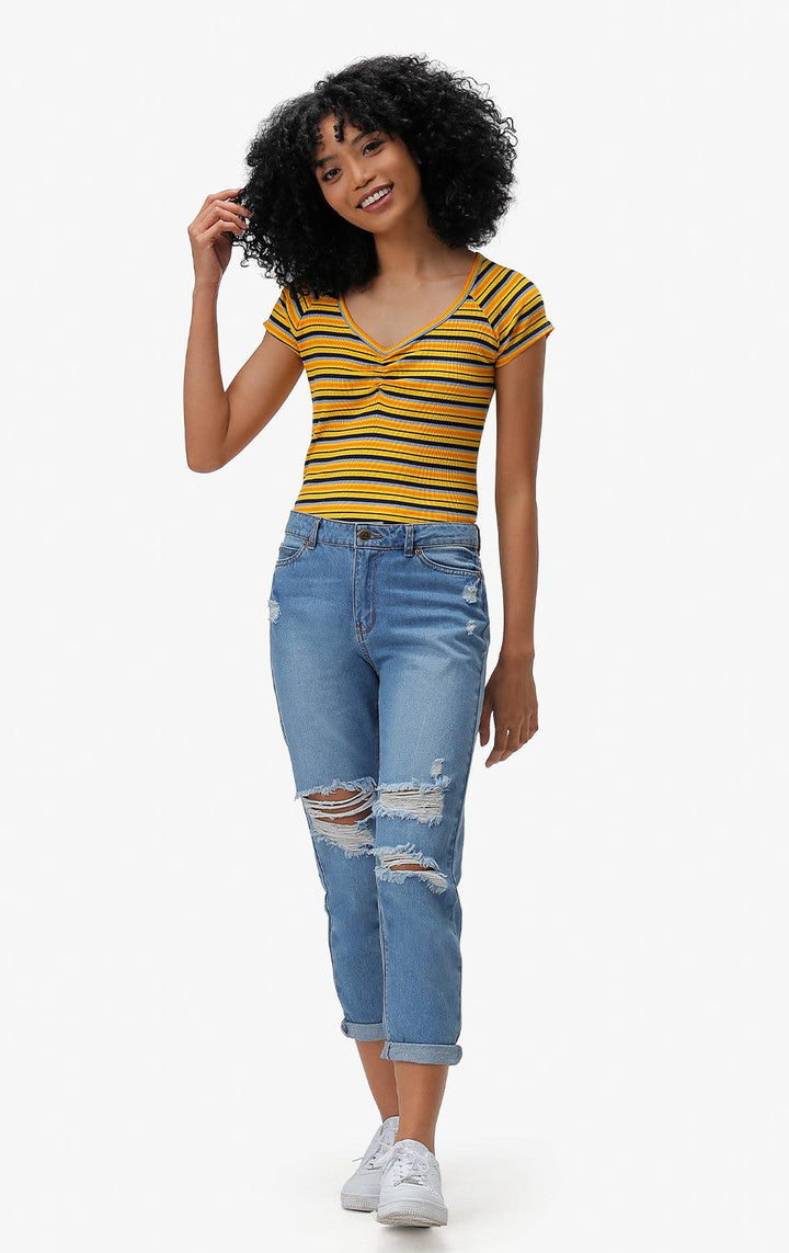 YELLOW FITTED STRIPED TOP - Just G | Number 1 women's and teen fashion brand. Shop online at justg.com.ph | Cash on delivery ( COD ) and Prepaid transaction available.