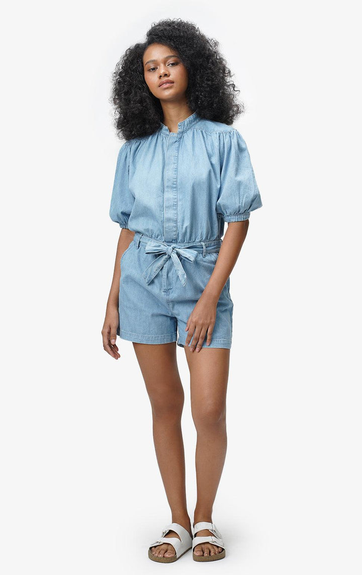 LIGHT BLUE ROMPER WITH SASH - Just G | Number 1 women's and teen fashion brand. Shop online at justg.com.ph | Cash on delivery ( COD ) and Prepaid transaction available.