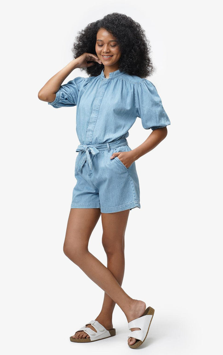 LIGHT BLUE ROMPER WITH SASH - Just G | Number 1 women's and teen fashion brand. Shop online at justg.com.ph | Cash on delivery ( COD ) and Prepaid transaction available.