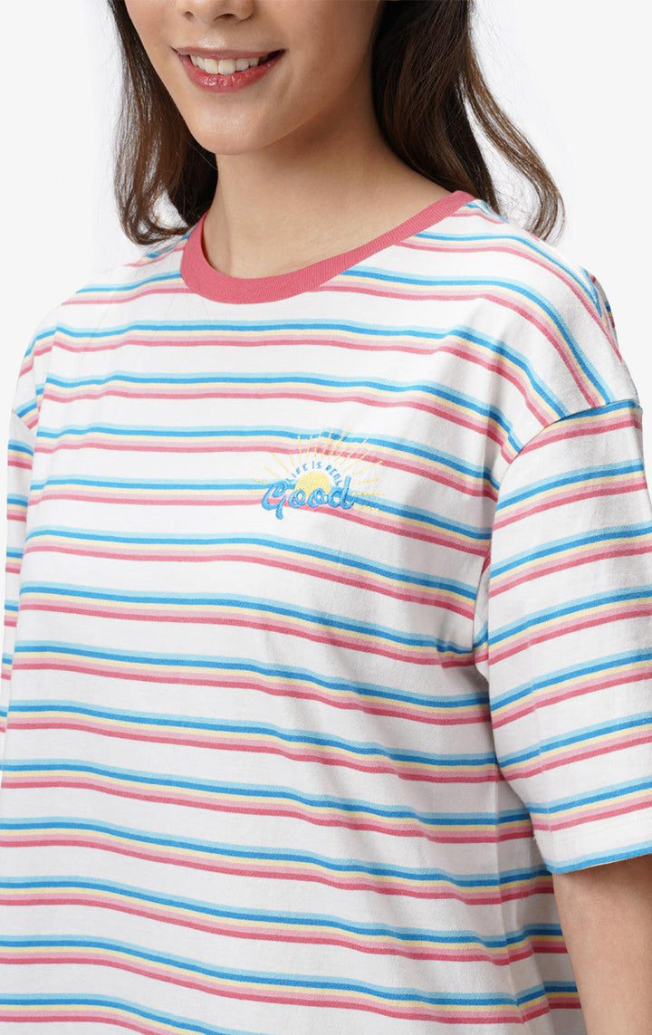 EMBROIDERED RAINBOW STRIPED T-SHIRT - Just G | Number 1 women's and teen fashion brand. Shop online at justg.com.ph | Cash on delivery ( COD ) and Prepaid transaction available.