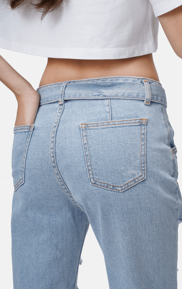 DISTRESSED BALLOON JEANS WITH SASH - Just G | Number 1 women's and teen fashion brand. Shop online at justg.com.ph | Cash on delivery ( COD ) and Prepaid transaction available.