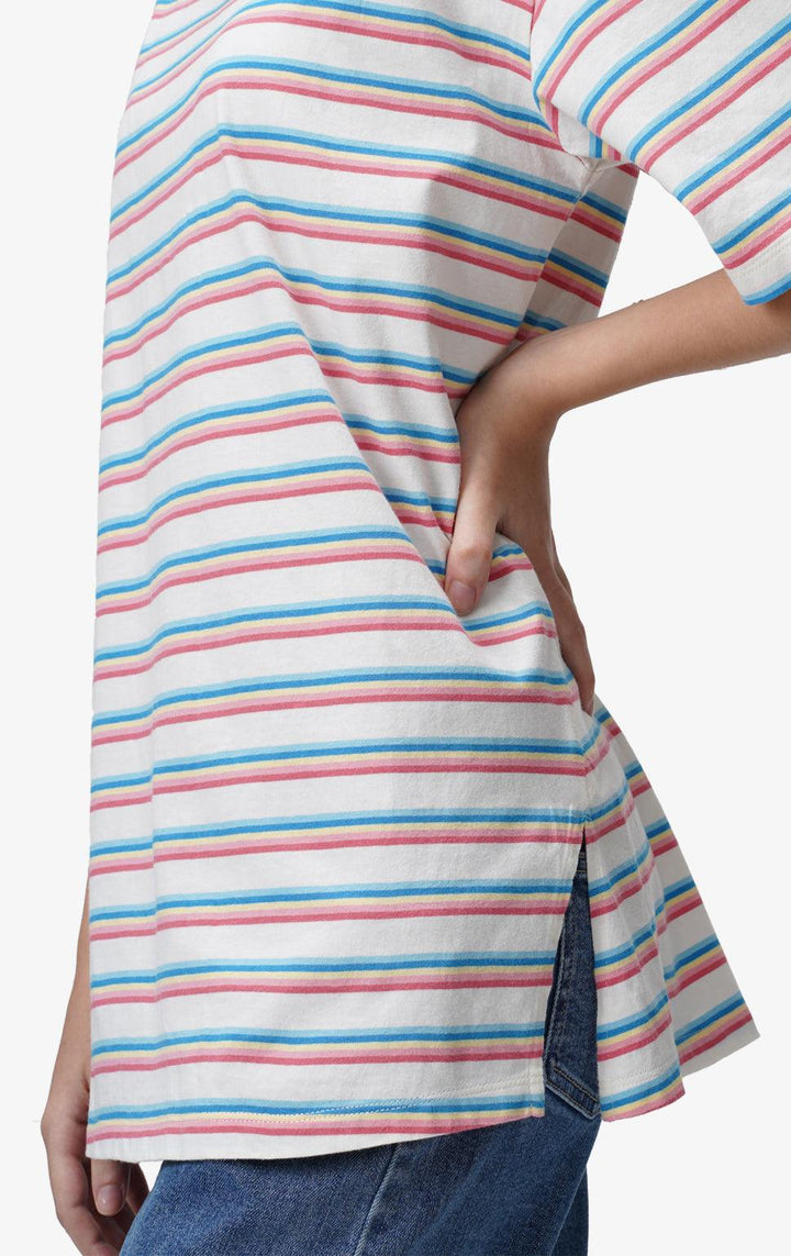 EMBROIDERED RAINBOW STRIPED T-SHIRT - Just G | Number 1 women's and teen fashion brand. Shop online at justg.com.ph | Cash on delivery ( COD ) and Prepaid transaction available.