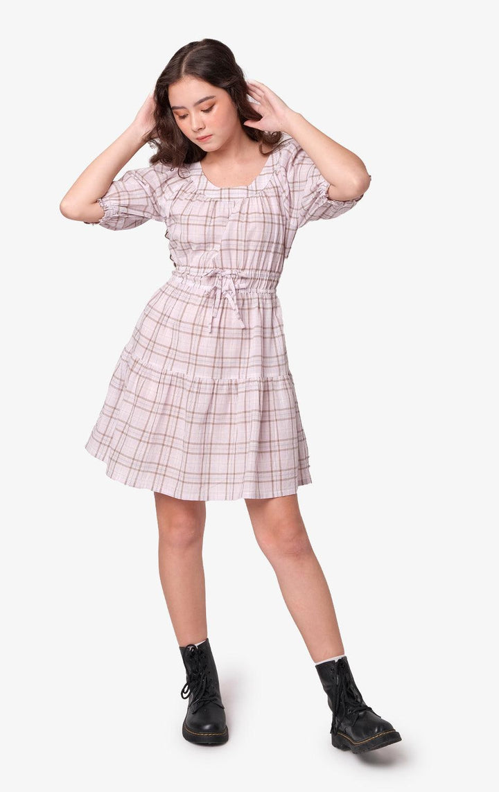 LAVENDER CHECKERED DRESS W/ BOWS - Just G | Number 1 women's and teen fashion brand. Shop online at justg.com.ph | Cash on delivery ( COD ) and Prepaid transaction available.