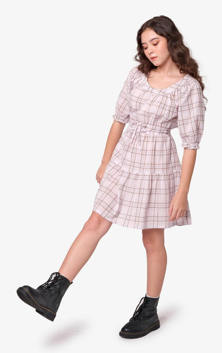 LAVENDER CHECKERED DRESS W/ BOWS - Just G | Number 1 women's and teen fashion brand. Shop online at justg.com.ph | Cash on delivery ( COD ) and Prepaid transaction available.