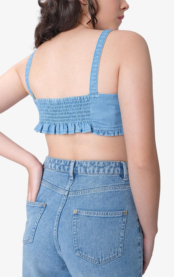 DENIM BRALETTE TOP WITH RUFFLES & RUCHED DRAWSTRING - Just G | Number 1 women's and teen fashion brand. Shop online at justg.com.ph | Cash on delivery ( COD ) and Prepaid transaction available.