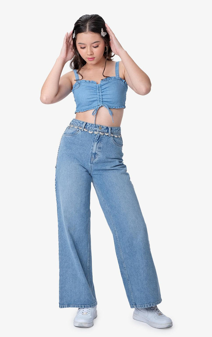 DENIM BRALETTE TOP WITH RUFFLES & RUCHED DRAWSTRING - Just G | Number 1 women's and teen fashion brand. Shop online at justg.com.ph | Cash on delivery ( COD ) and Prepaid transaction available.