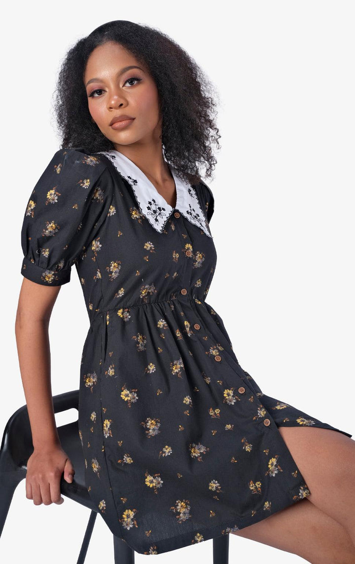 EMBROIDERED CONTRAST COLLAR FLORAL DRESS - Just G | Number 1 women's and teen fashion brand. Shop online at justg.com.ph | Cash on delivery ( COD ) and Prepaid transaction available.