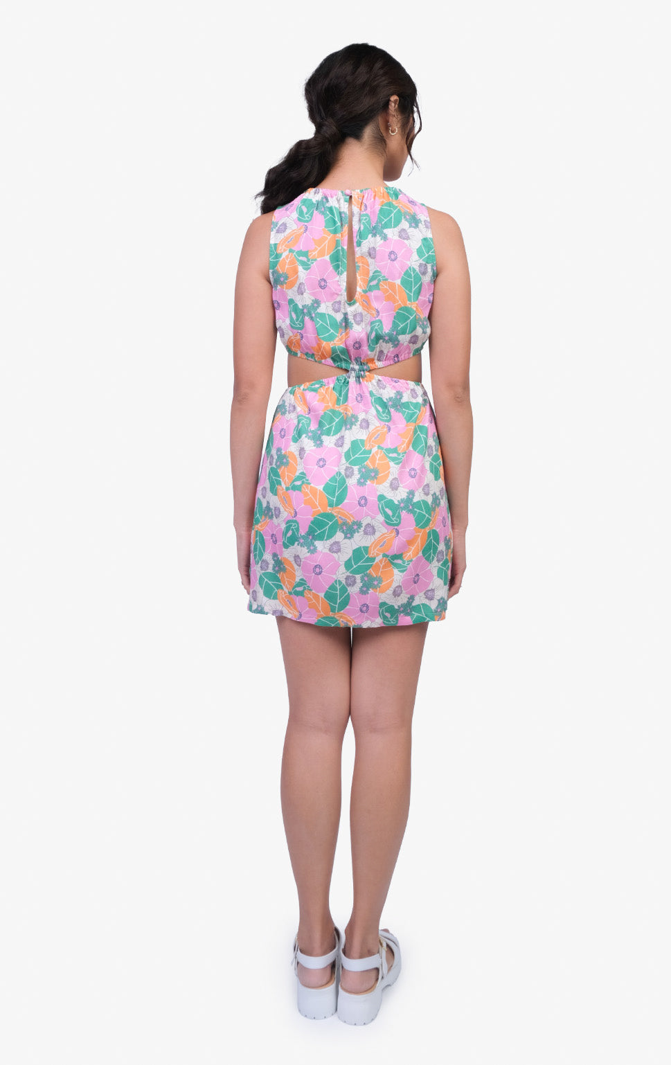 GROOVY FLORAL PRINT HALTER CUT OUT DRESS