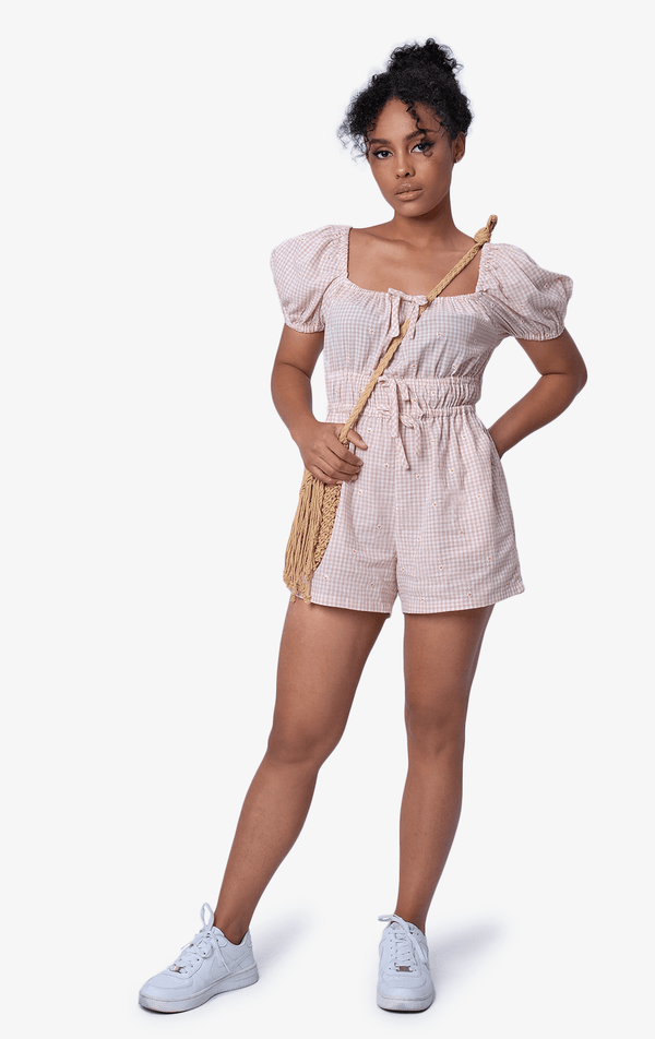 EMBROIDERED GINGHAM JUMPSUIT WITH PUFF SLEEVES - Just G | Number 1 women's and teen fashion brand. Shop online at justg.com.ph | Cash on delivery ( COD ) and Prepaid transaction available.